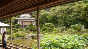 Un jardín japonés tradicional con un sendero de madera, un estanque con flores de loto y un edificio con tejado de baldosas.