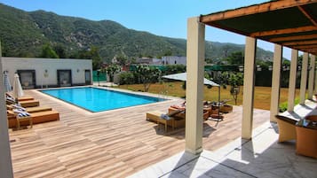 Outdoor pool, open 8:00 AM to 8:00 PM, pool loungers