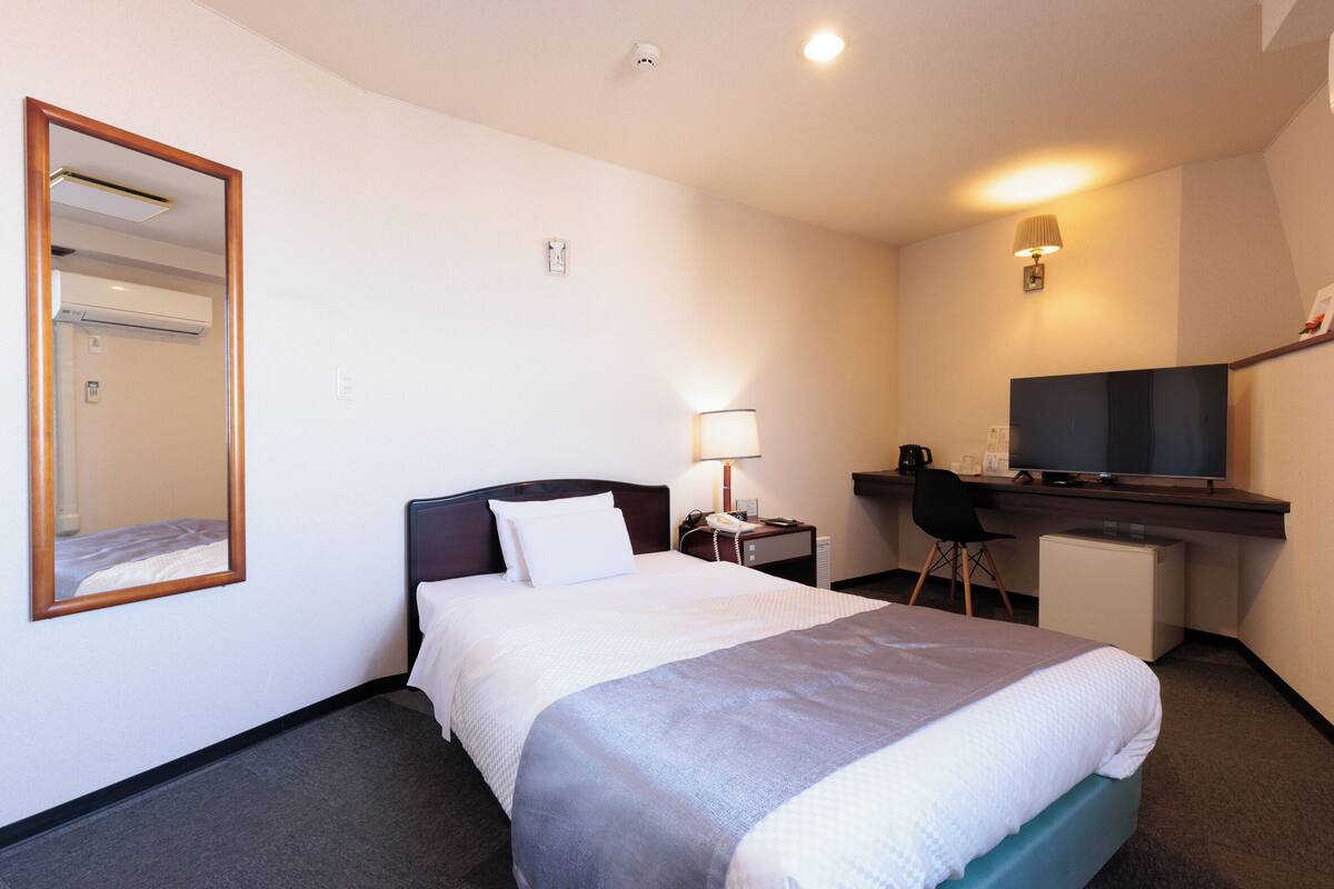 A hotel room with a bed, desk, chair, TV, and a mirror.