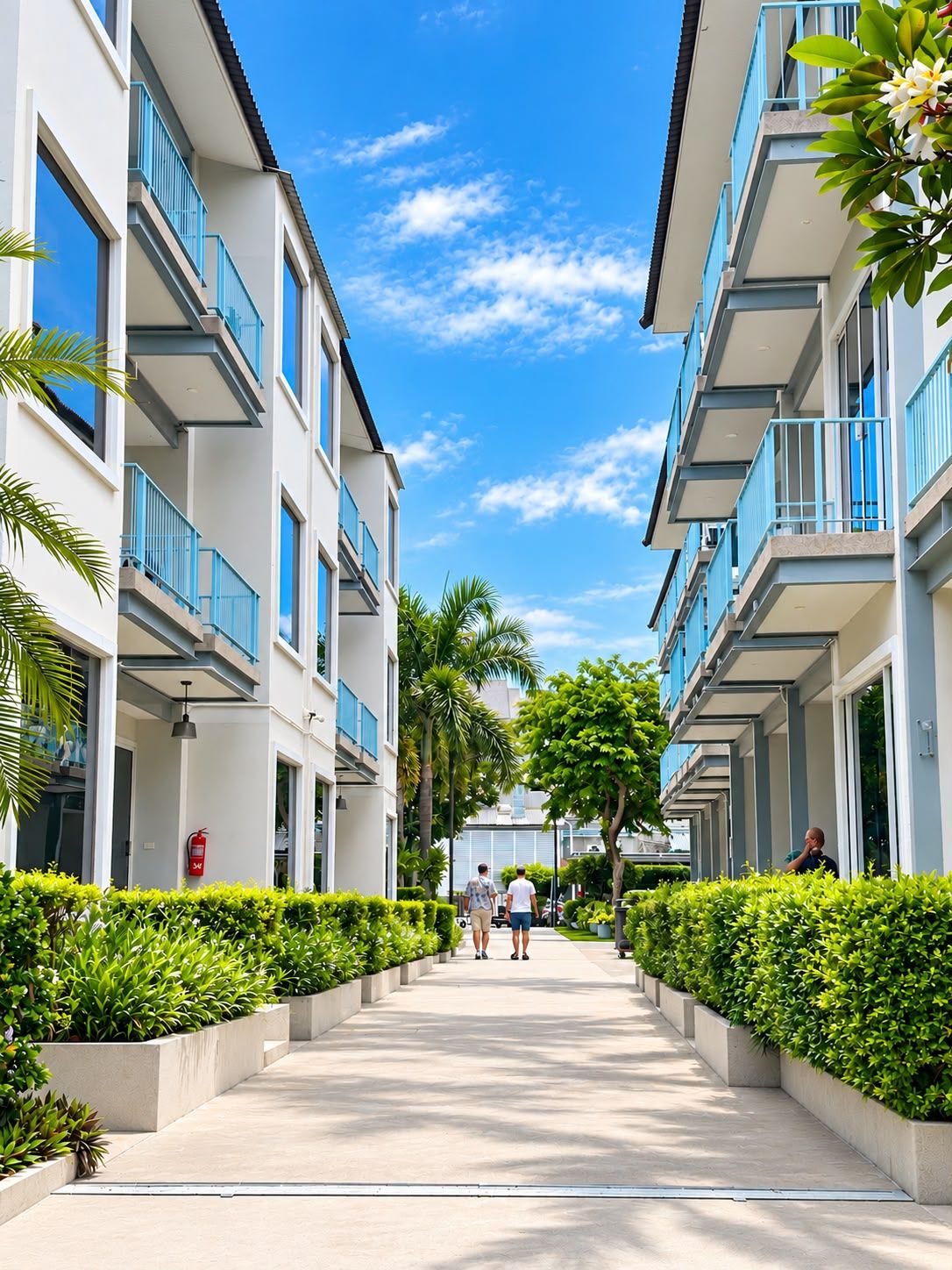 A modern hotel corridor with balconies, a clear sky, and well-maintained greenery.