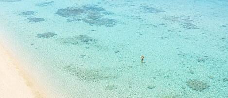 A beach with clear turquoise water, a sandy shore, and a small island in the distance.