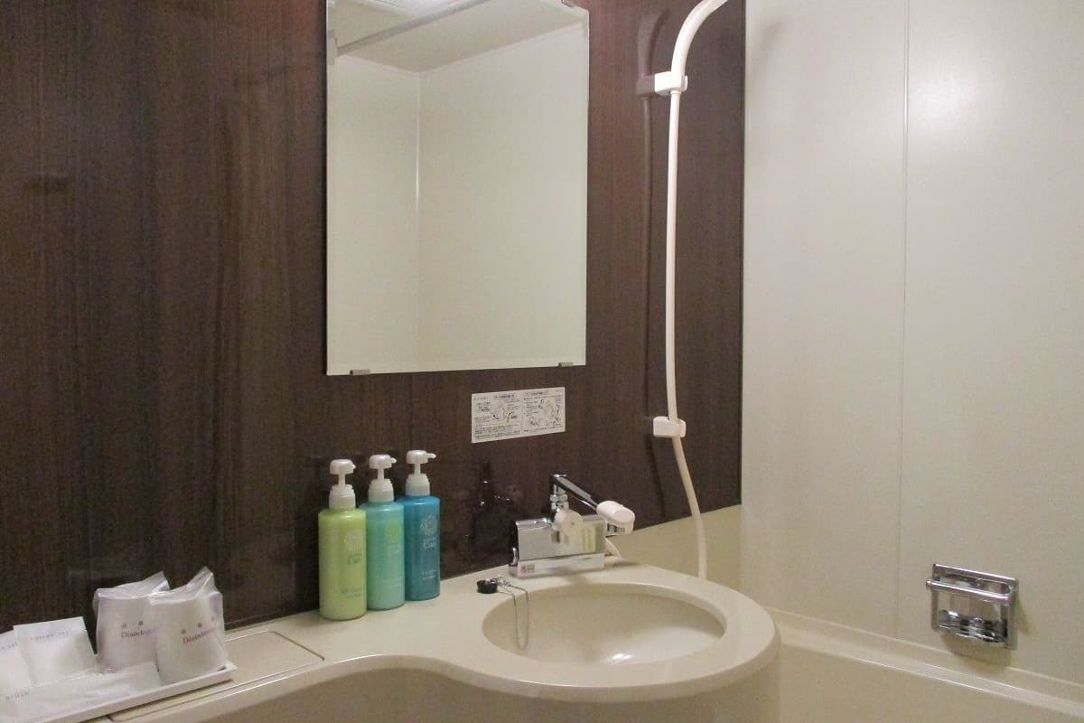 combined shower/bathtub, free toiletries, hair dryer, slippers