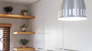 A modern interior with white walls, wooden shelves, and potted plants.