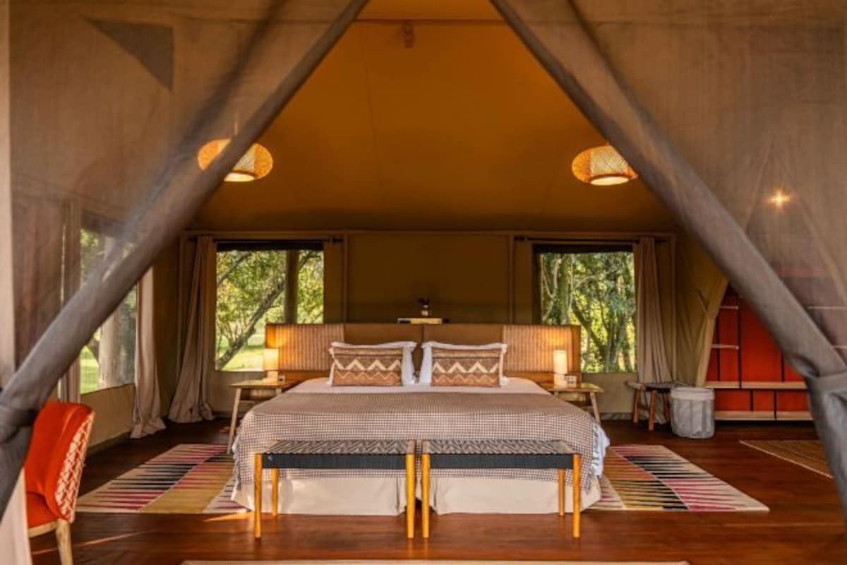 Un dormitorio amplio con una cama grande, una mesita de noche y una ventana.