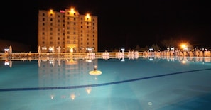 Outdoor pool, pool umbrellas, pool loungers