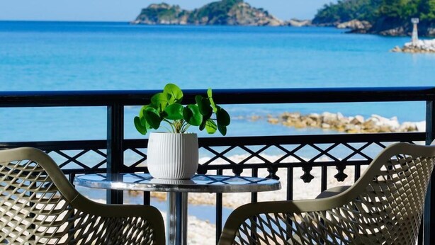 A balcony with a view of the sea, a potted plant, and two wicker chairs. - Kamelia & Semeli Hotel (Thasos)