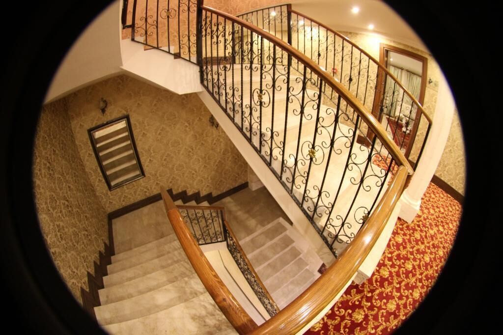A spiral staircase with ornate metal railings and wooden handrails, leading to an upper floor.