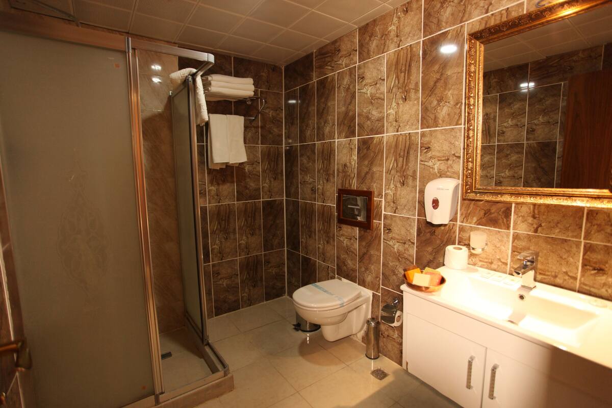 A bathroom with a glass-enclosed shower, a toilet, a sink with a mirror, and marble walls.