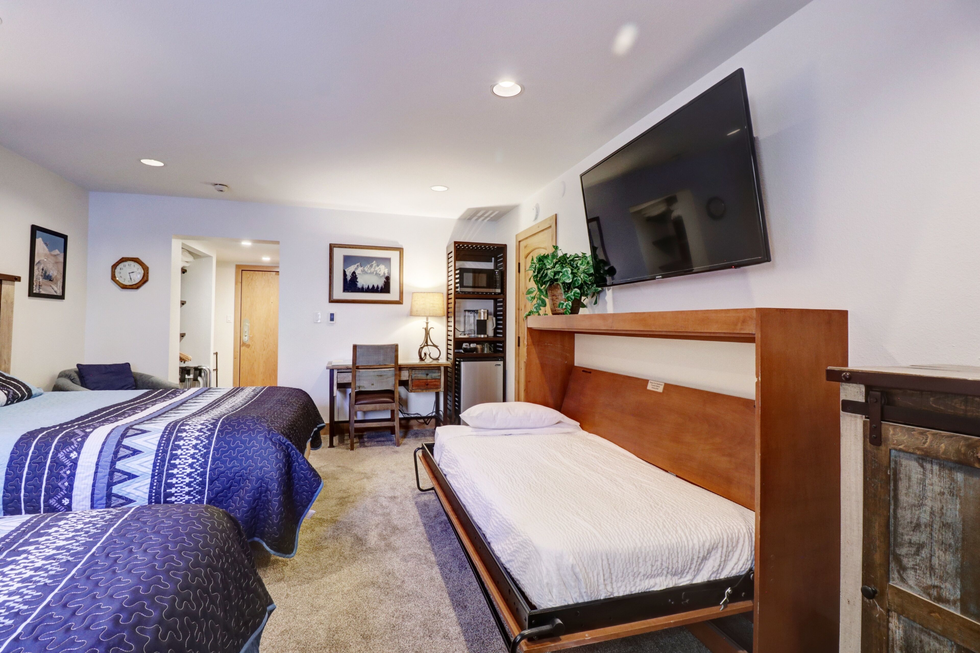 Habitación de hotel con dos camas, un escritorio, una silla, un televisor y una planta.