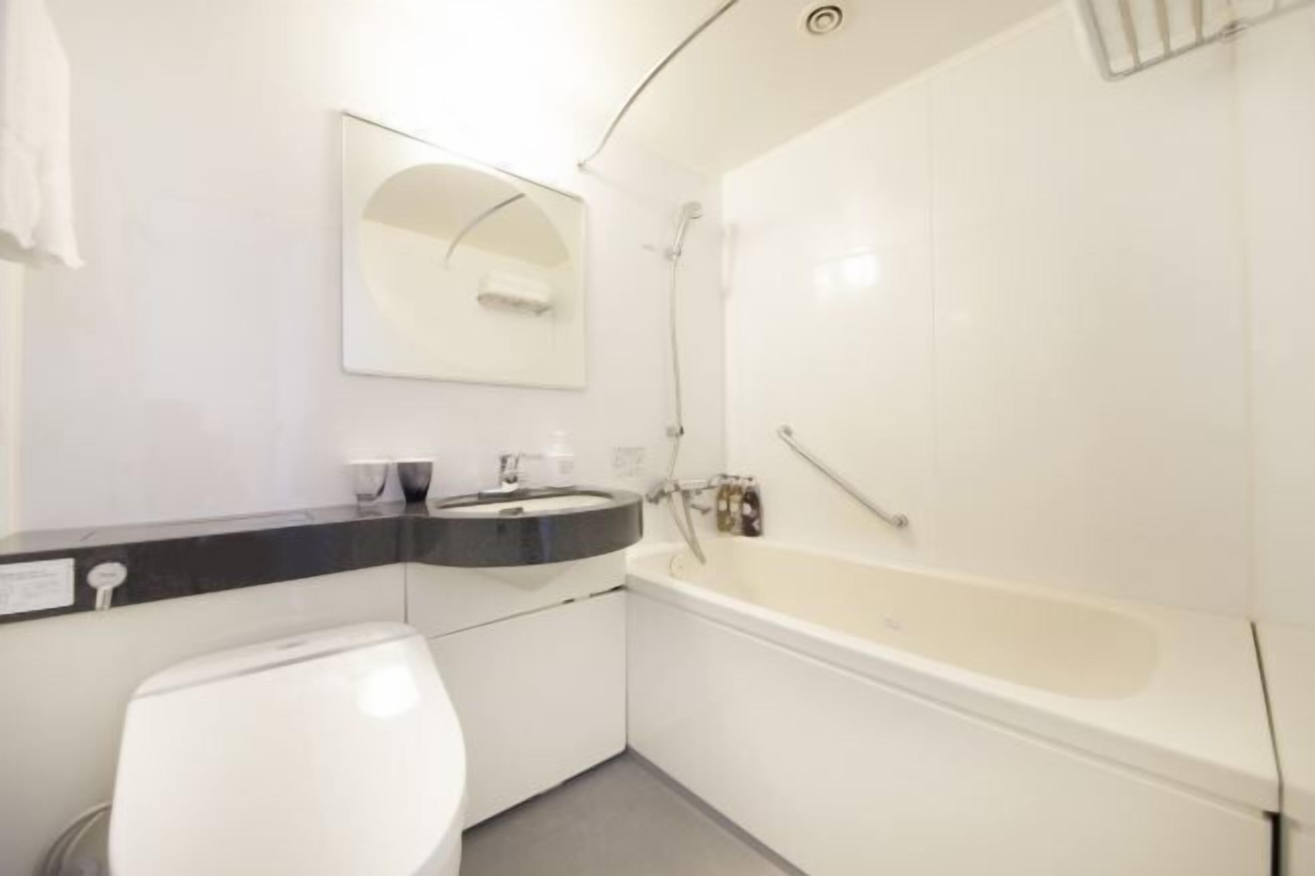 Kombinert dusj/badekar, hårføner, tøfler og bidé