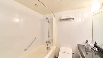 Bañera con ducha, secador de pelo, pantuflas, bidet