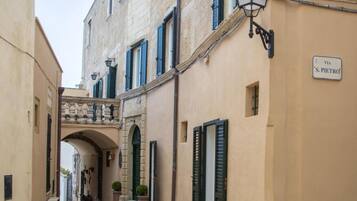A narrow cobblestone street flanked by buildings with stone facades and shutters.