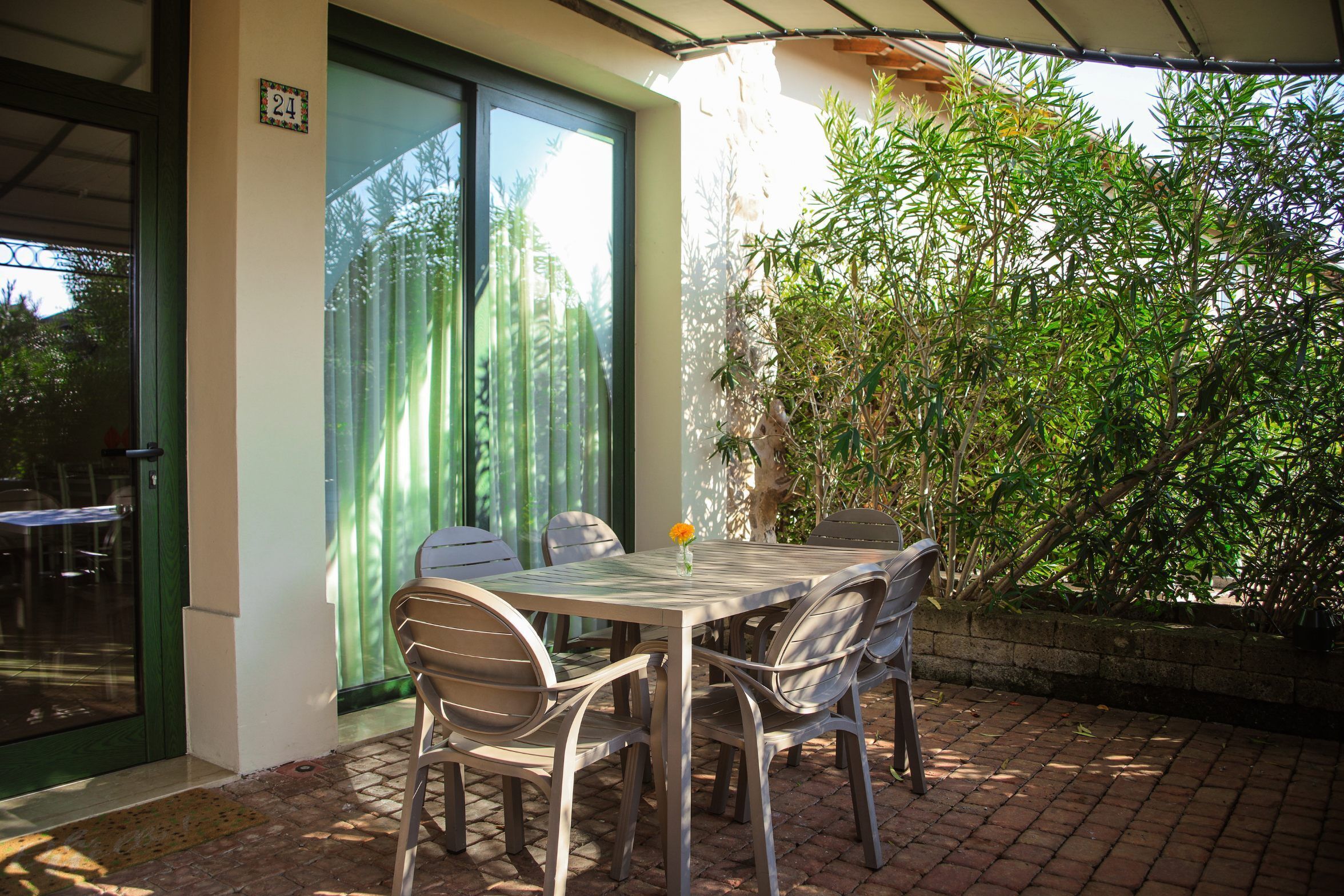 A patio with a table and chairs, a door, and a green plant.
