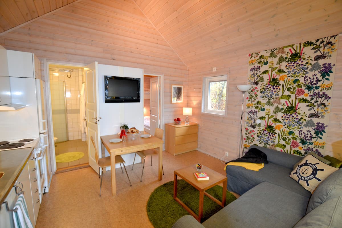 A cozy cabin interior with a kitchen, dining area, and a living room with a sofa and a television.
