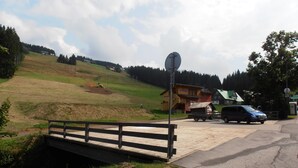 Un camino rural con un puente de madera, un camión y un auto azul.