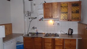 Una cocina compacta con armarios de madera, una hornilla a gas y un hervidor.