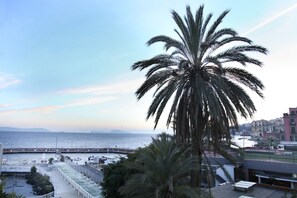A coastal view with a palm tree, a marina, and buildings in the background. - Colorful Sea View Apartments (Naples)