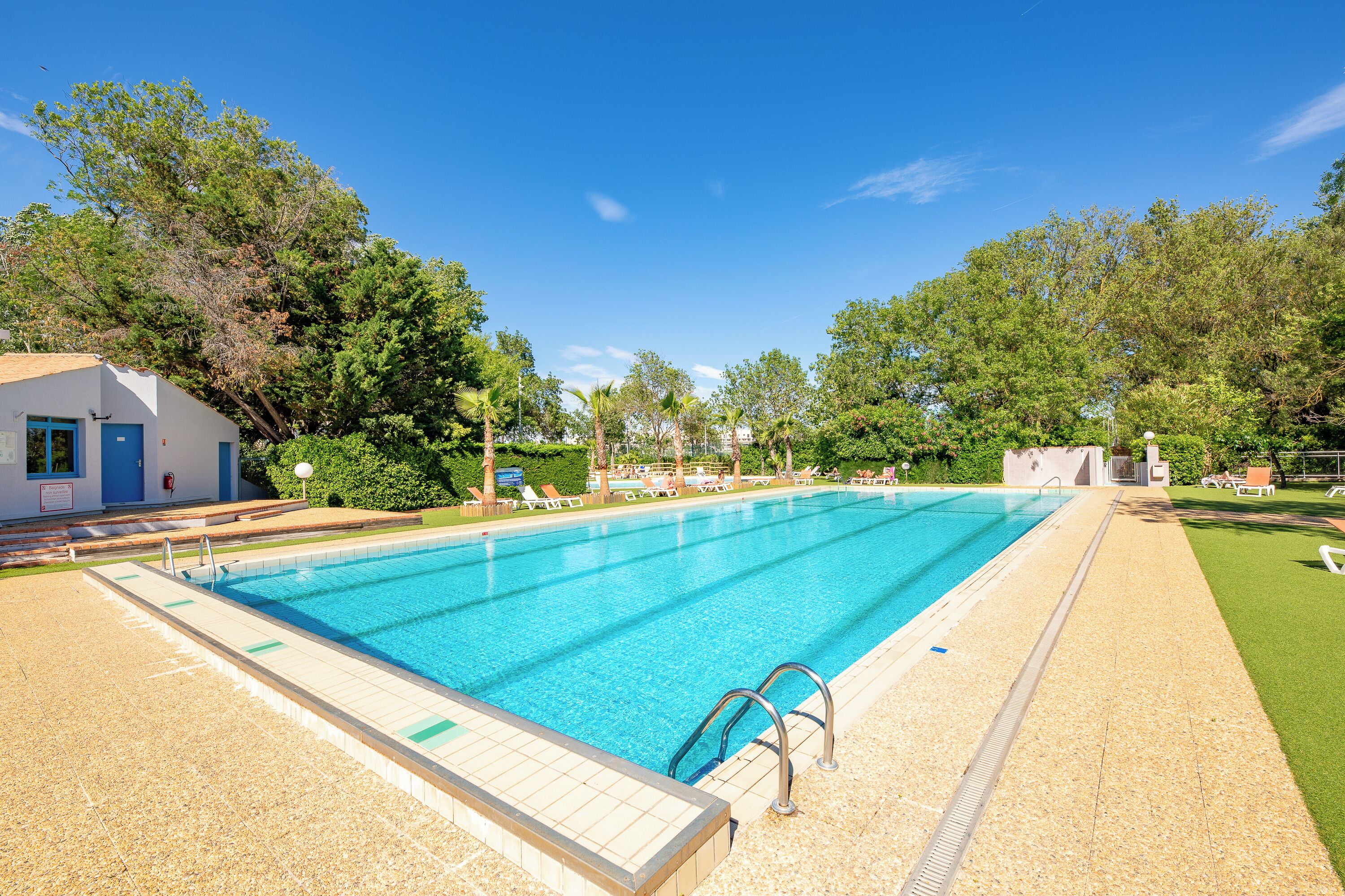 Ein rechteckiger Swimmingpool mit klarem, blauen Wasser, umgeben von einer Fliesenveranda.