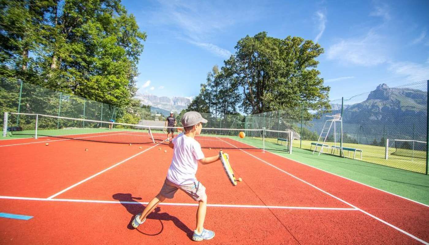 A tennis court with a net, surrounded by trees and a mountain view.