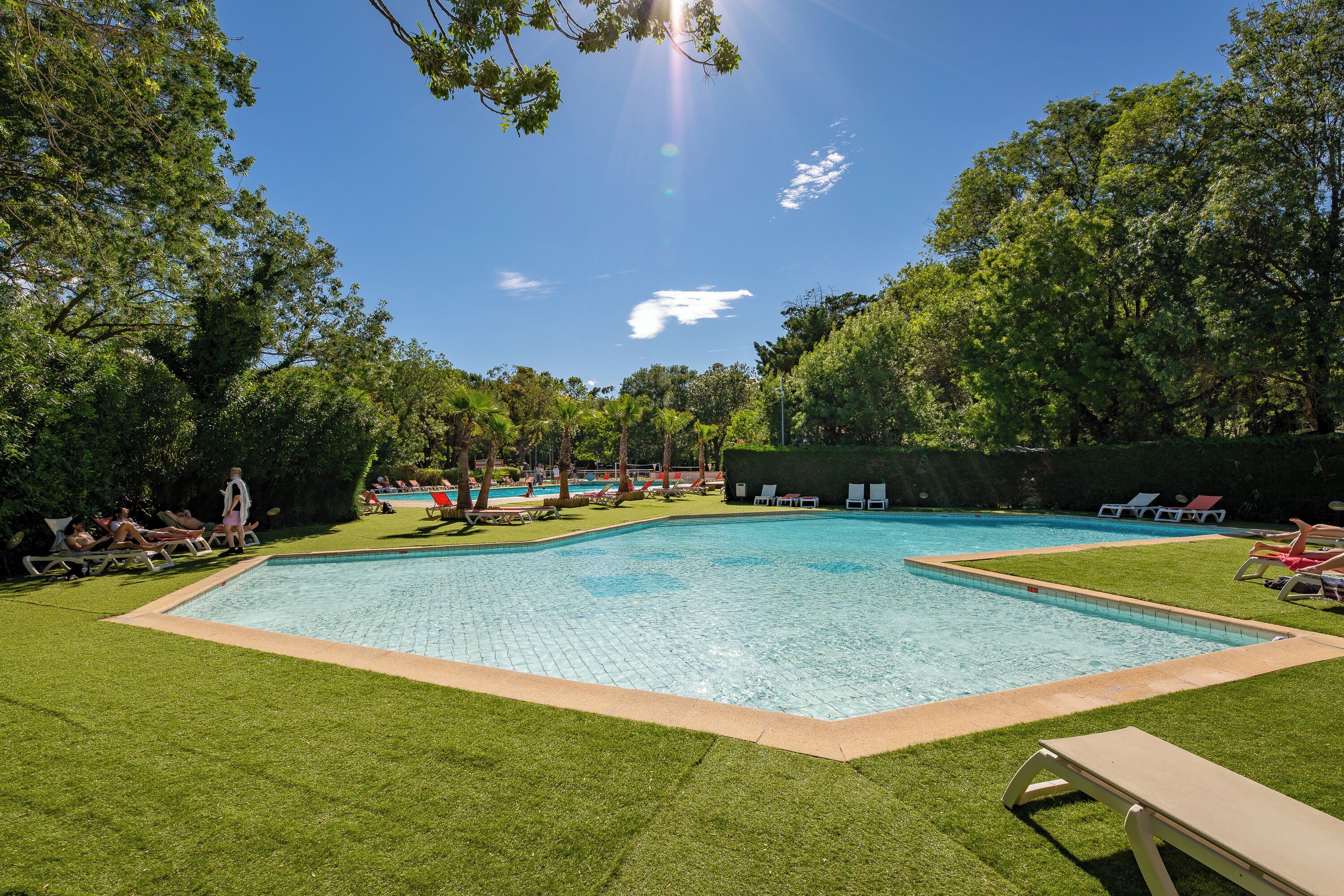 Una piscina rodeada de césped y árboles, con sillas de descanso y algunas personas.
