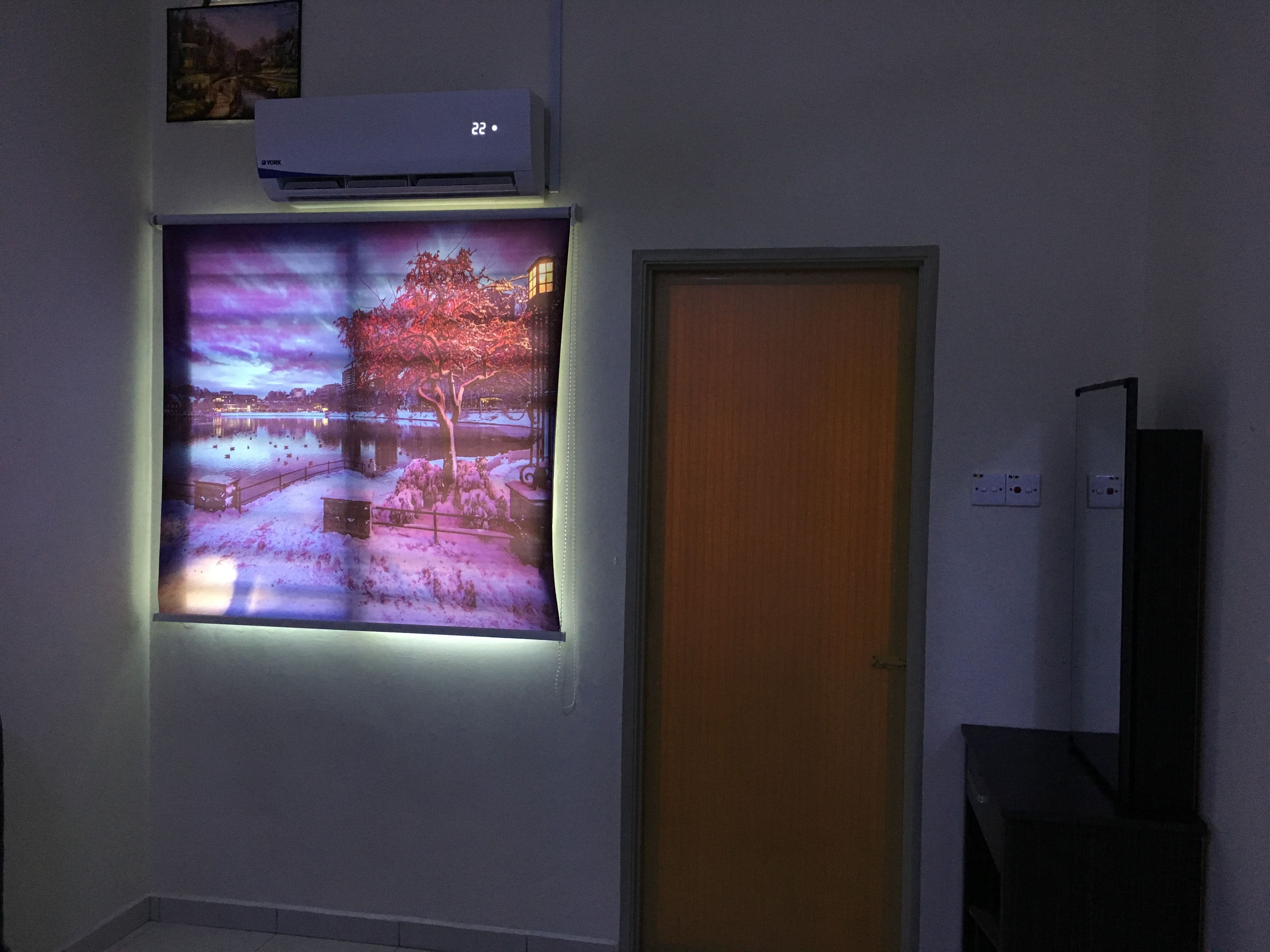 Una habitación con un proyector mural mostrando una escena invernal, una puerta y un termostato.