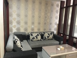 Una sala de estar moderna con un sofá gris, cojines estampados y una mesita con una caja de pañuelos.