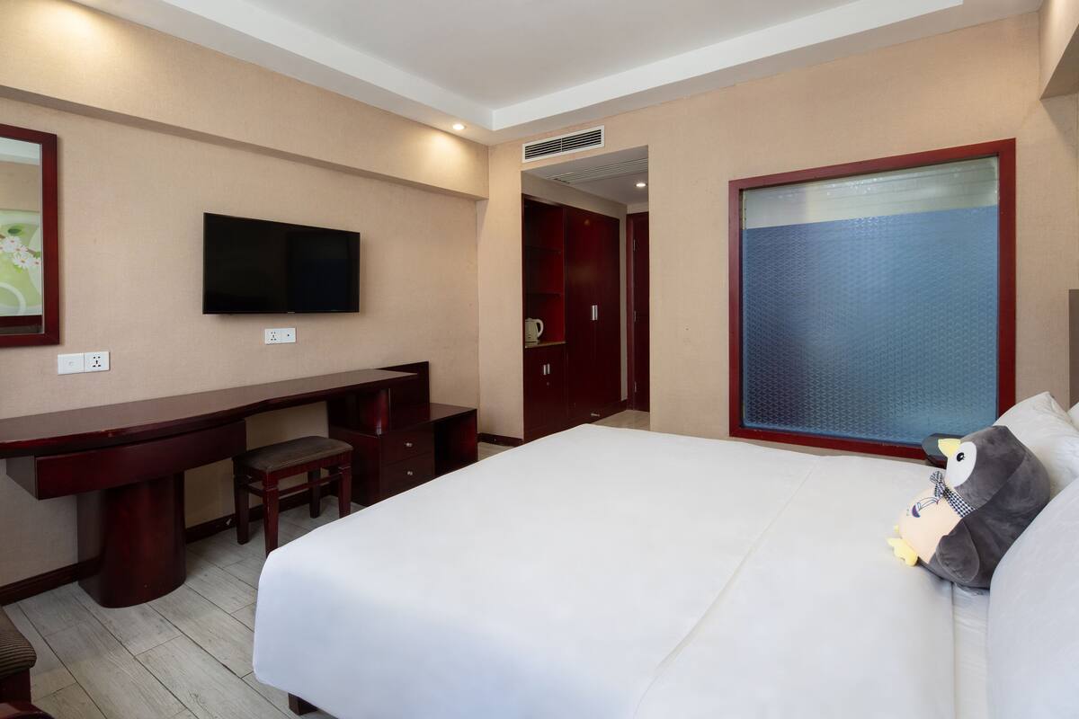 A hotel room with a bed, a desk, a chair, a television, and a wardrobe.