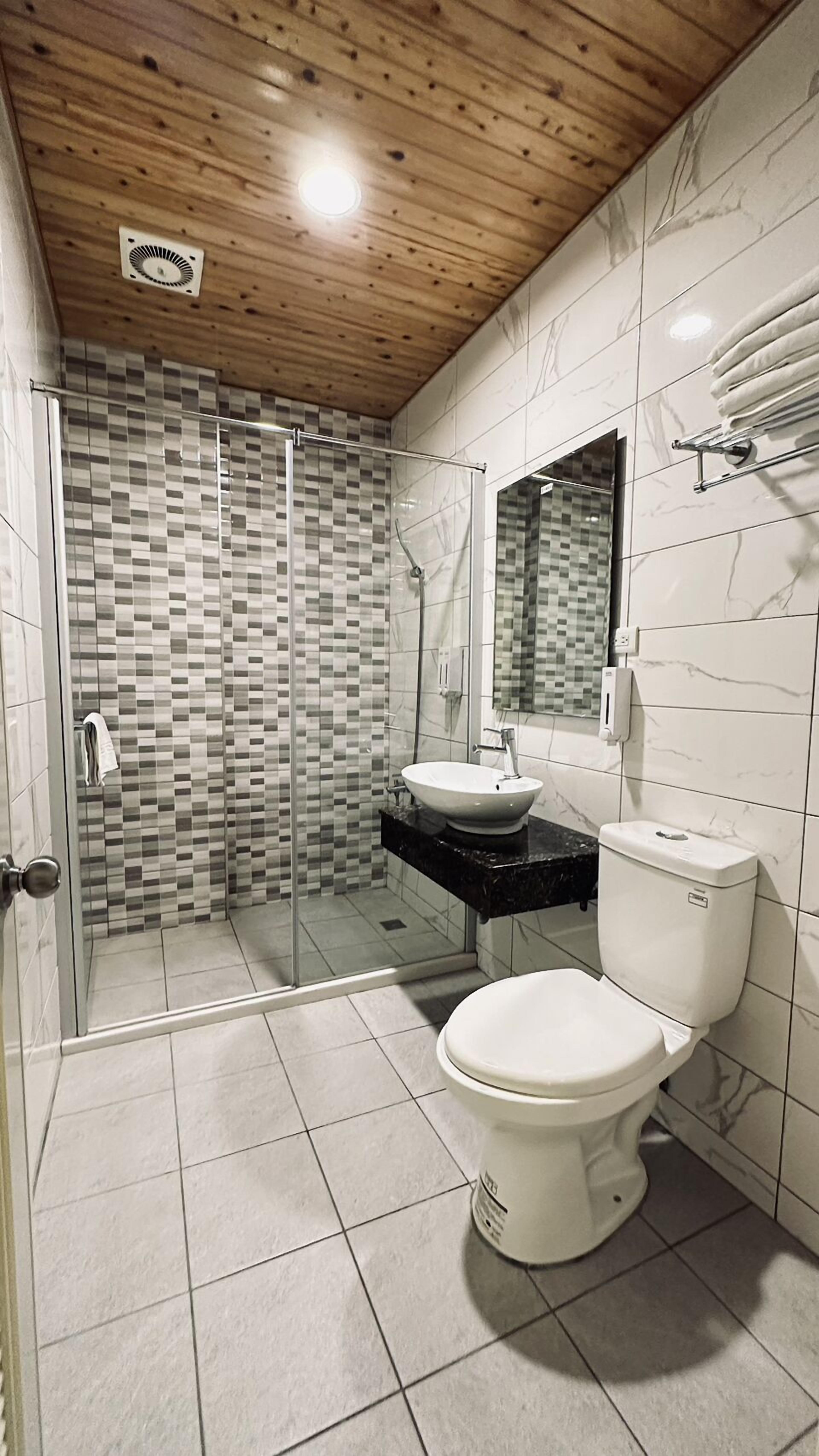A bathroom with a glass-enclosed shower, a white toilet, and a sink with a black countertop.