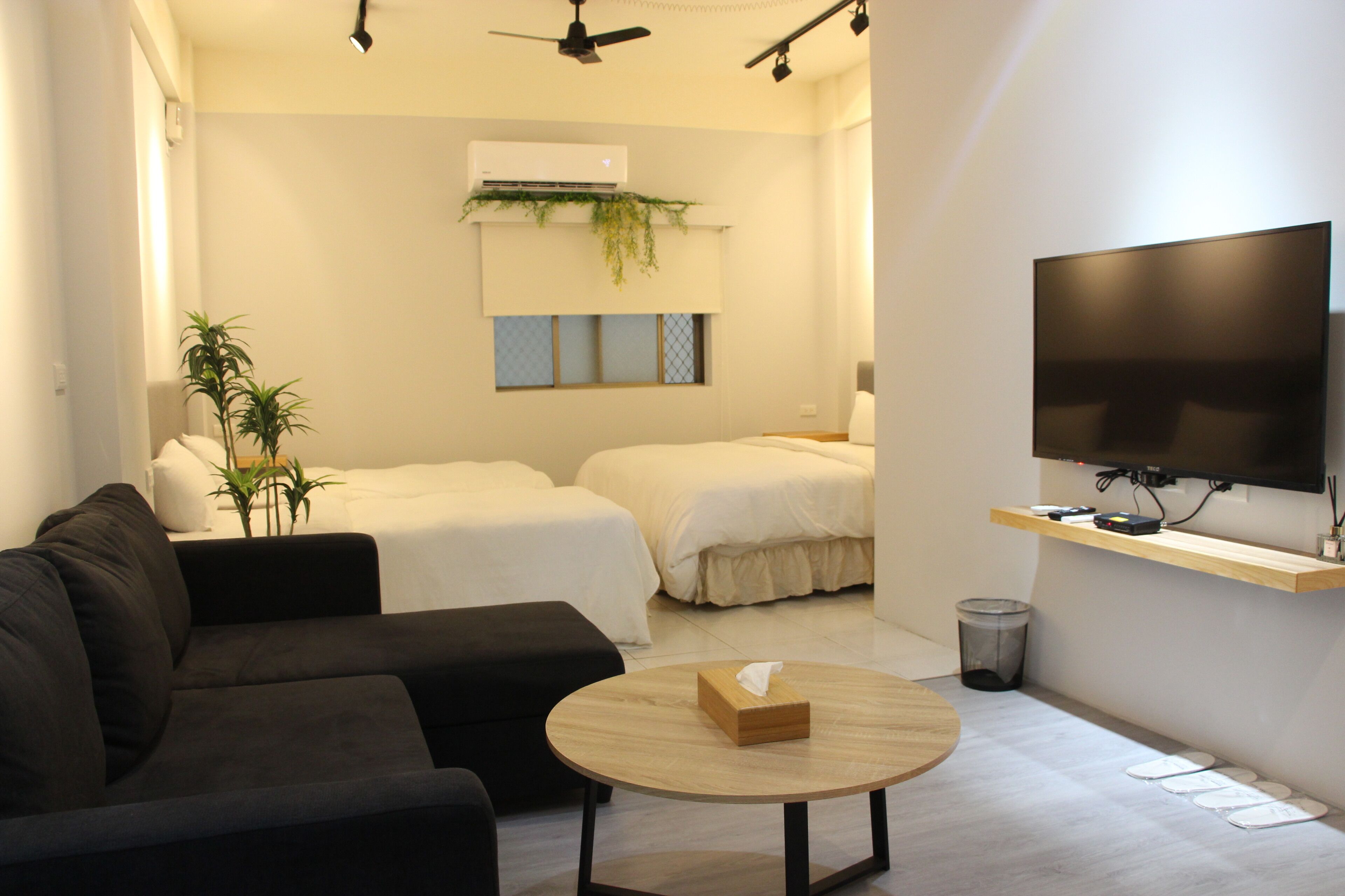 A modern hotel room with a sofa, a round table, a TV, a bed, a small plant, and a trash bin.