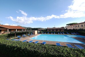 A swimming pool with lounge chairs and a clear sky.