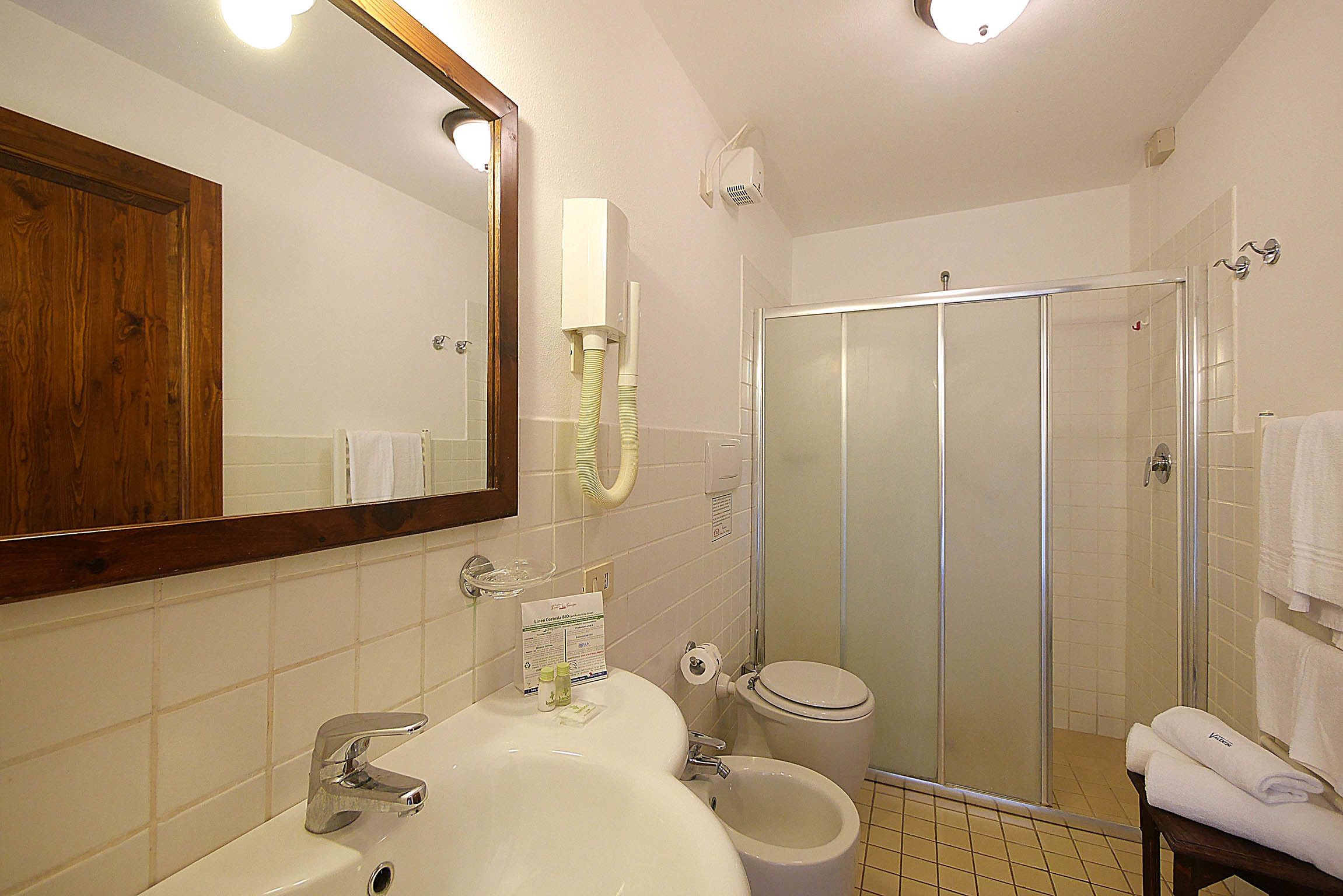Une salle de bain équipée d’un lavabo, d’un miroir, de toilettes et d’une douche à parois de verre.