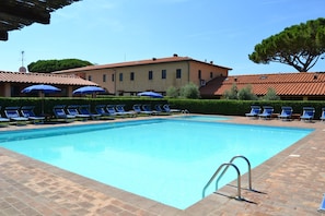 Seasonal outdoor pool, pool umbrellas, pool loungers
