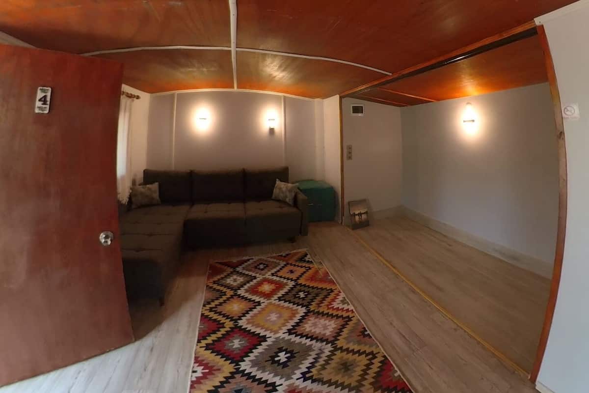A compact room with a wooden ceiling, a sofa, a patterned rug, and two wall-mounted lights.