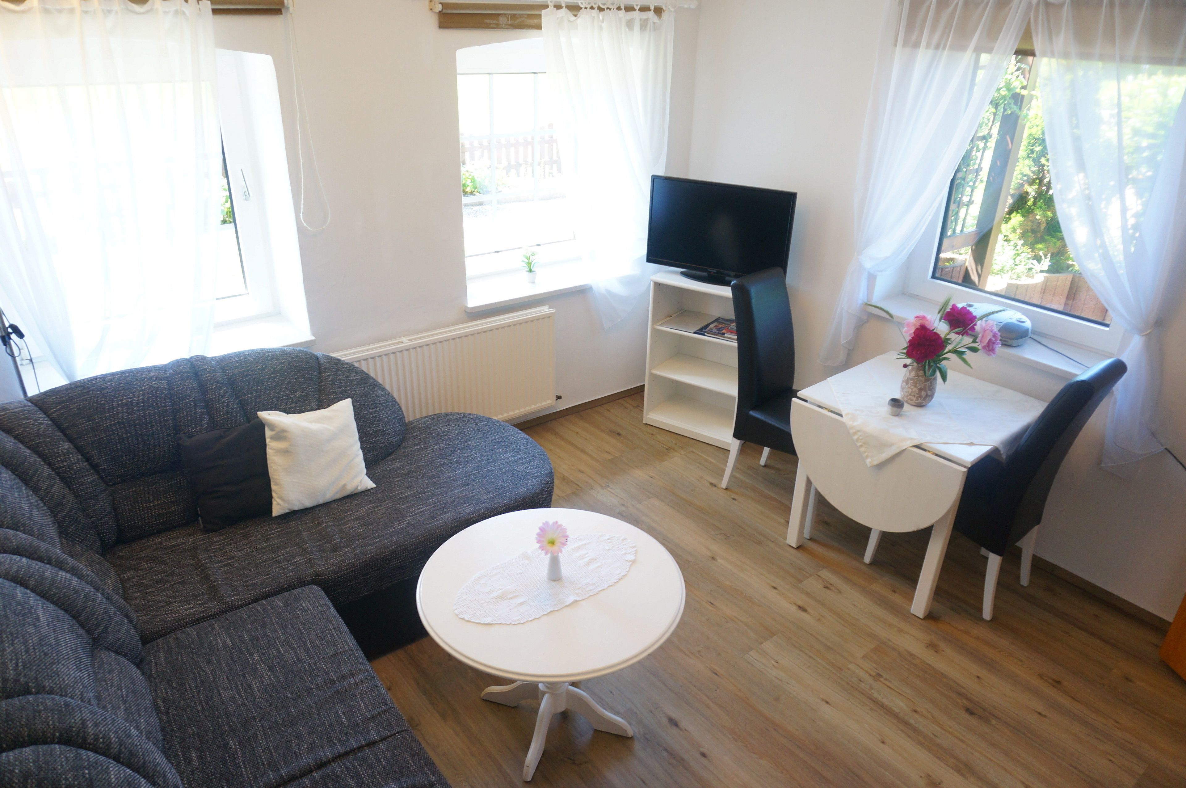A living room with a grey sofa, a small white table with a vase, a TV on a stand, and a window with sheer curtains.