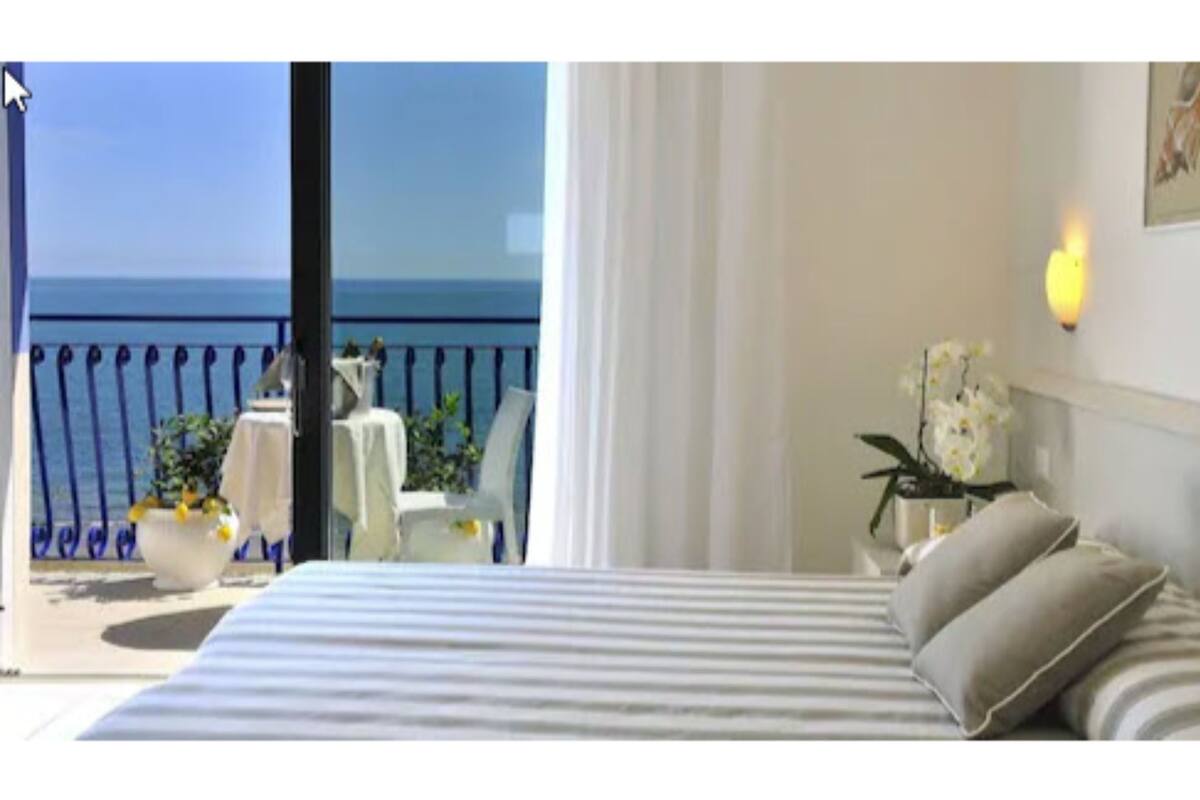 A hotel room with a bed, a nightstand, a lamp, a potted plant, and a view of the sea.