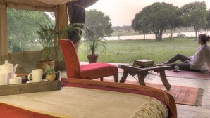 Una habitación con una cama, una silla roja, una mesa de madera con un libro y una taza, y plantas en macetas.