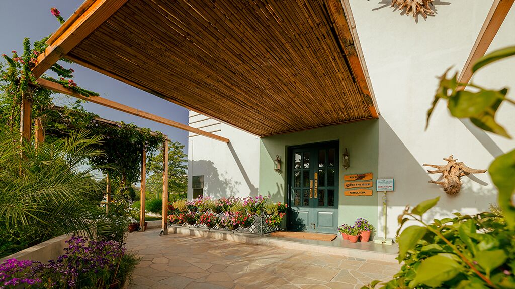 A covered outdoor area with a wooden pergola, potted plants, and a building entrance with a green door.