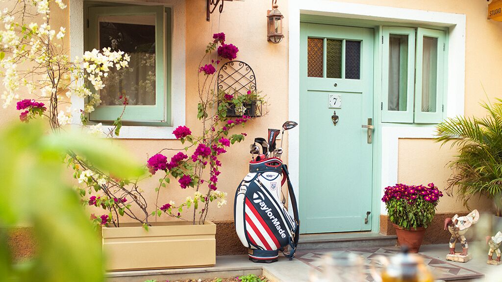 Un bolso de golf frente a una puerta, una ventana con vistas y una planta en maceta.