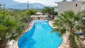 Ein Pool mit geschwungener Kante, umgeben von Palmen und Blick auf Berge im Hintergrund.