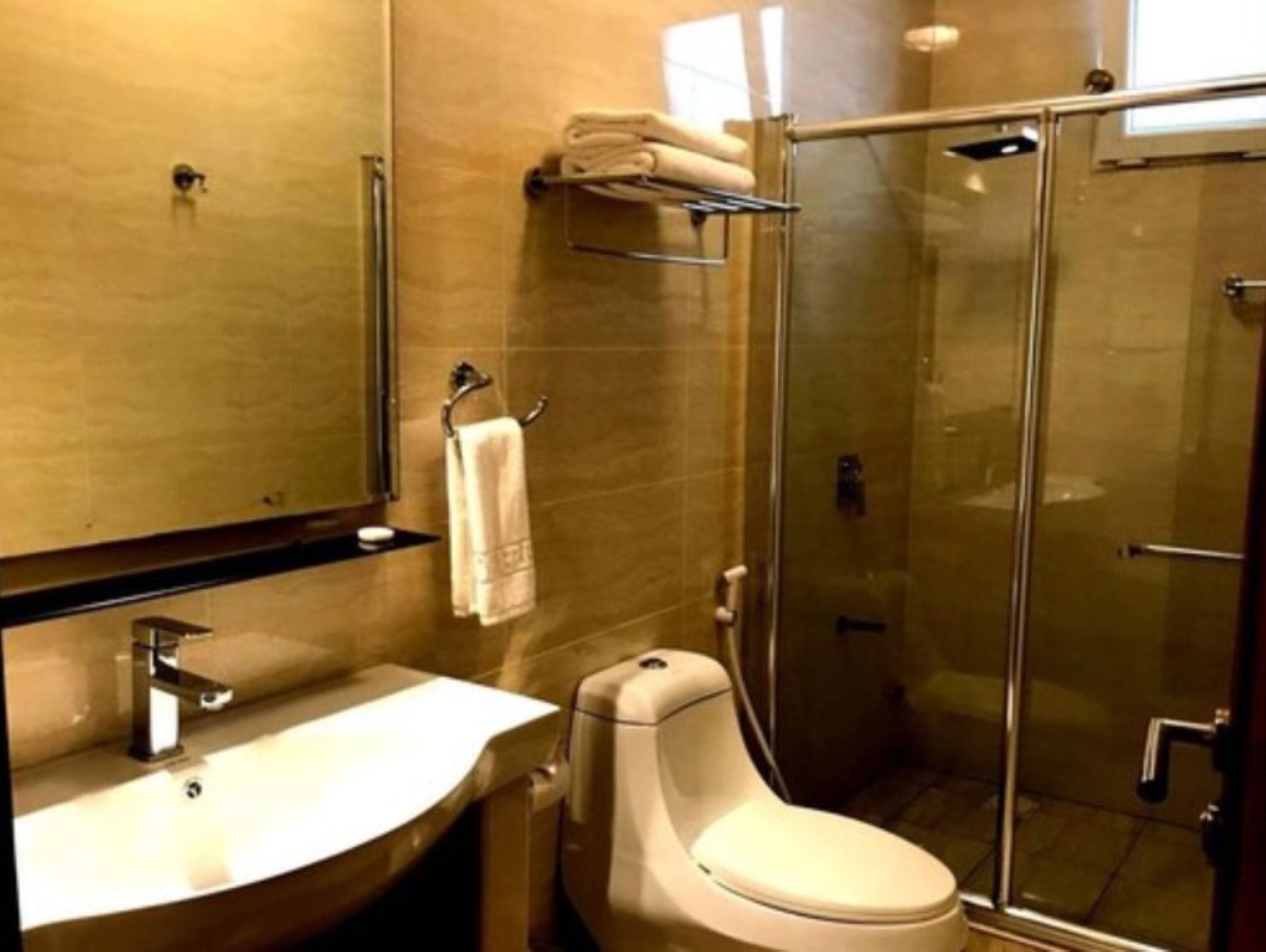 A modern bathroom with a glass-enclosed shower, a white sink, and a toilet.