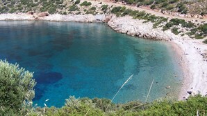 Une zone côtière caractérisée par une eau d’un bleu limpide, des rivages rocheux et une végétation clairsemée.
