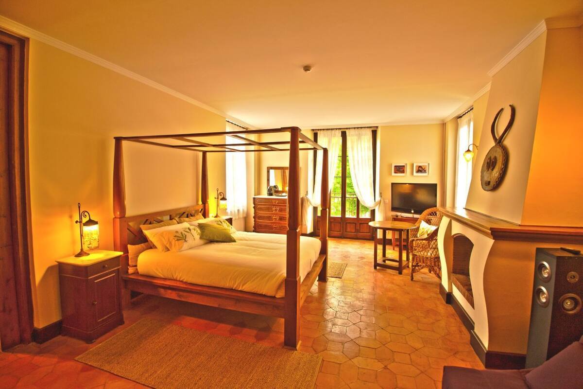 Un lit à baldaquin avec une tête de lit en bois, une petite table de chevet avec une lampe, une commode, un téléviseur, un fauteuil en osier et une cheminée.