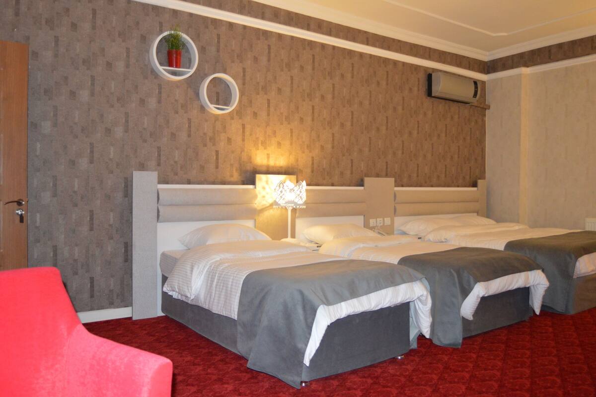 A hotel room with two beds, a red chair, a wall-mounted air conditioner, and a small potted plant.