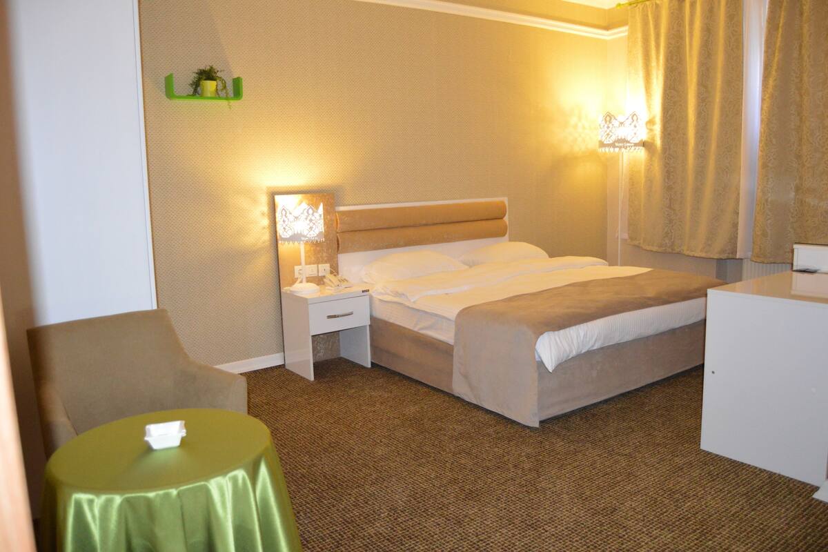 A hotel room with a bed, bedside tables, a nightstand, a green table, and a wall-mounted shelf with a plant.