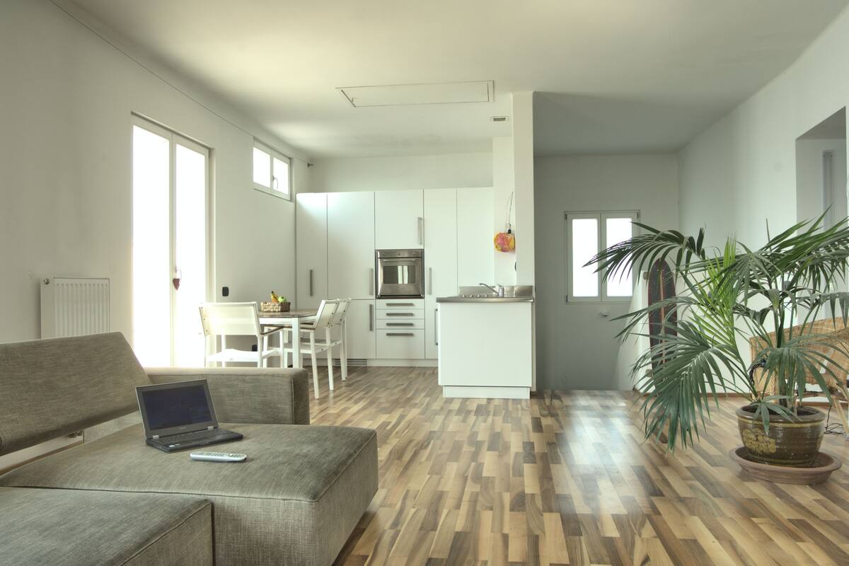 A modern apartment with a living area, kitchenette, and dining space.