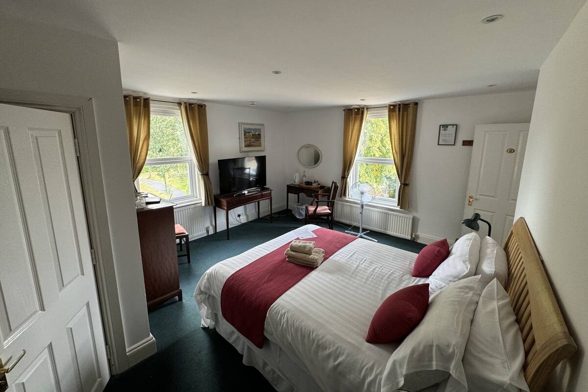A hotel room with a bed, a desk, a chair, a television, and two windows with curtains.