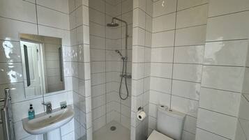 Un baño con ducha, lavabo, inodoro y espejo.
