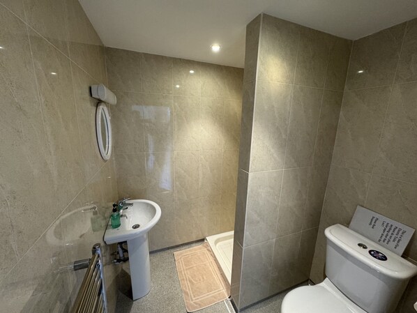 A bathroom with a sink, toilet, and shower area. - Hookwood Lodge (Horley)