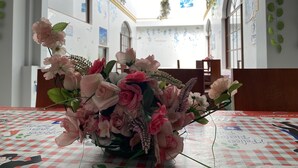 Una habitación con una mesa cubierta por un mantel a cuadros, un jarrón de flores rosadas y vistas a un pasillo con paredes blancas y plantas verdes.