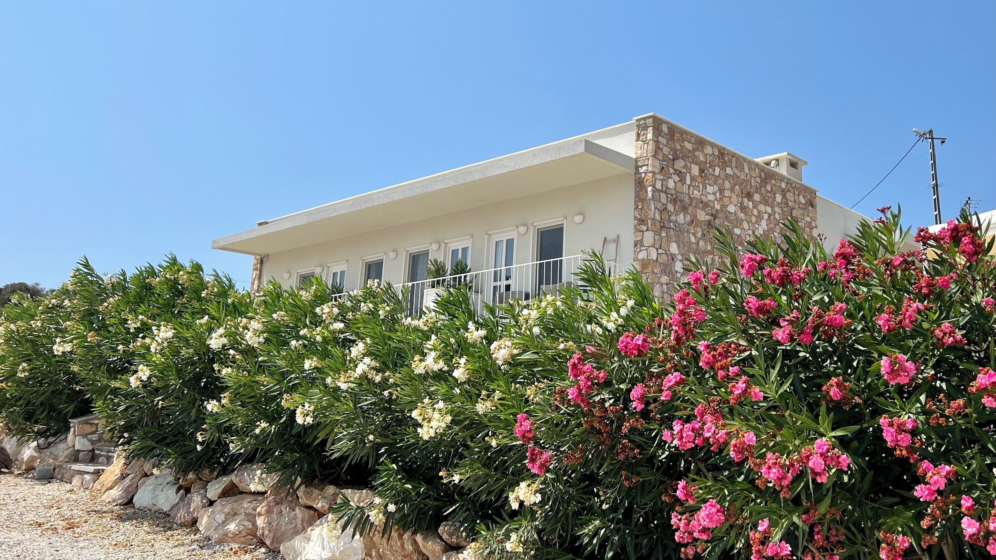 A modern two-story house with a stone facade and multiple windows.
